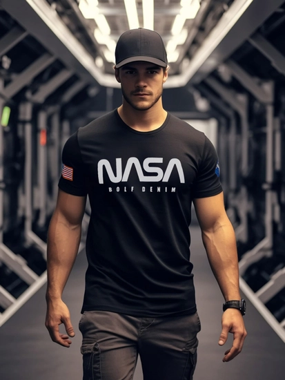 Herr BomullsT-shirt med tryck Svart Bolf 14401