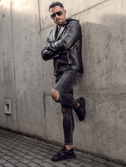 Herr Skinnjacka Bikermodell med huva Svart Bolf 11Z8005