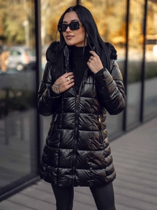 Dam Lång Quiltad Vinterjacka med huva Svart Bolf 16M9120A