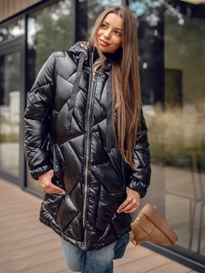 Dam Lång Quiltad Vinterjacka med huva Svart Bolf 5M3189