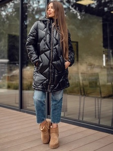 Dam Lång Quiltad Vinterjacka med huva Svart Bolf 5M3189