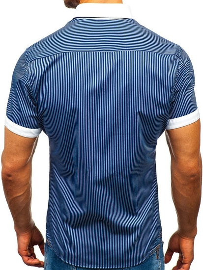 Herr Randig Kortärmad Skjorta Marinblå Bolf 1808