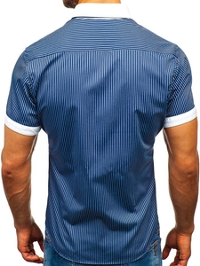 Herr Randig Kortärmad Skjorta Marinblå Bolf 1808