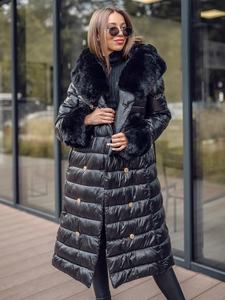 Dam Lång Quiltad Vinterjacka med huva Svart Bolf 5M3160