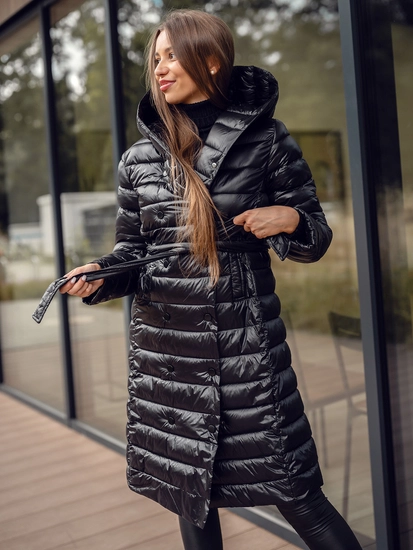 Dam Lång Quiltad Vinterjacka med huva Svart Bolf 5M3159