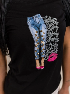 Dam T-shirt med tryck Svart Bolf 95T2507