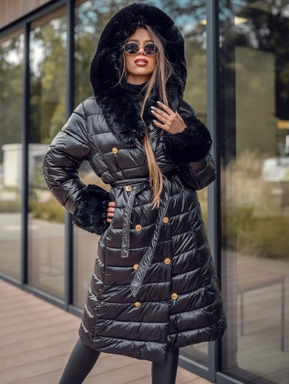 Dam Lång Quiltad Vinterjacka med huva Svart Bolf 5M3160