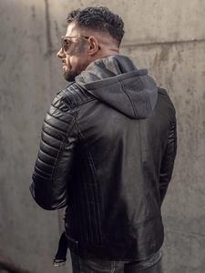 Herr Skinnjacka Bikermodell med huva Svart Bolf 11Z8005