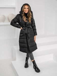 Dam Lång Quiltad Vinterjacka med huva Svart Bolf 5M3178