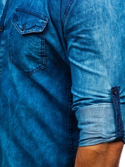 Herr Långärmad Mönstrad Jeansskjorta Blå Bolf 0517