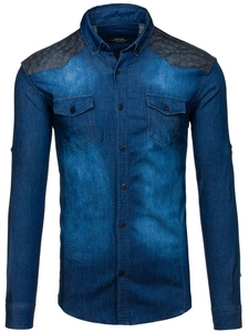 Herr Långärmad Mönstrad Jeansskjorta Marinblå Bolf 0517