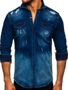 Herr Långärmad Jeansskjorta Marinblå Bolf R802