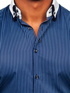 Herr Elegant Randig Långärmad Skjorta Marinblå Bolf 0909