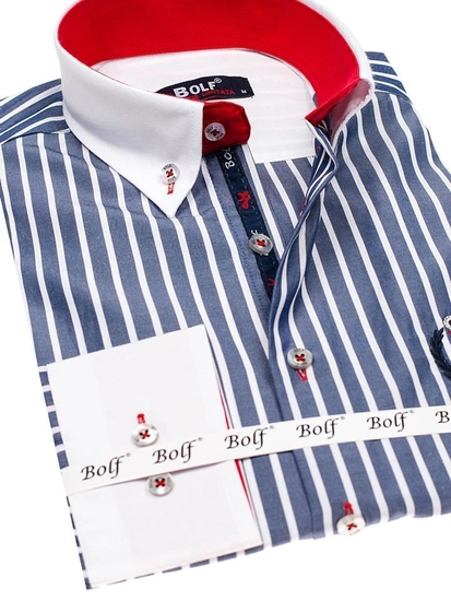 Herr Randig Långärmad Skjorta Marinblå Bolf 1771