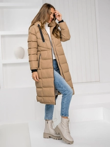 Dam Lång Quiltad Vinterjacka med huva Kamel Bolf 5M736