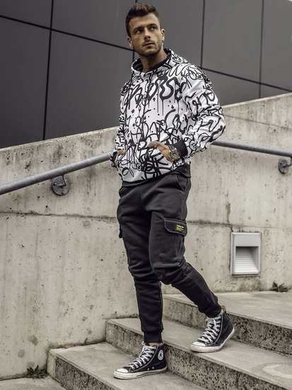 Herr Huvtröja med tryck och känguruficka Svart-Vit Bolf 8B1151