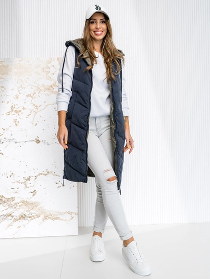 Dam Lång Vändbar Quiltad Väst med huva Marinblå Bolf B8022A1