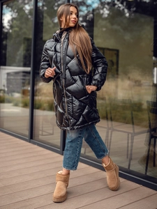 Dam Lång Quiltad Vinterjacka med huva Svart Bolf 5M3189