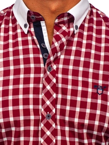 Herr Elegant Kortärmad Rutig Skjorta Vinröd Bolf 5531