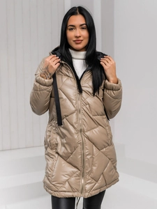 Dam Lång Quiltad Vinterjacka med huva Beige Bolf 5M3189