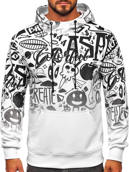 Herr Huvtröja med tryck och känguruficka Vit Bolf 8B995
