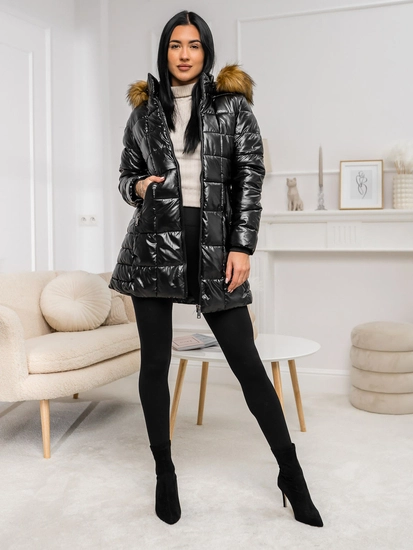 Dam Lång Quiltad Vinterjacka med huva Svart-Brun Bolf 16M9120