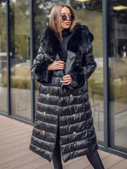 Dam Lång Quiltad Vinterjacka med huva Svart Bolf 5M3160