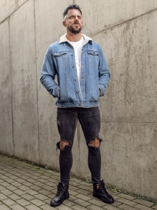 Herr Varm jeansjacka med lurvig krage i trucker-stil Blå Bolf 1157