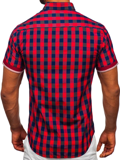 Herr Kortärmad Rutig Skjorta Vinröd Bolf 4508