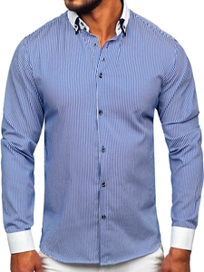 Herr Elegant Randig Långärmad Skjorta Blå Bolf 0909