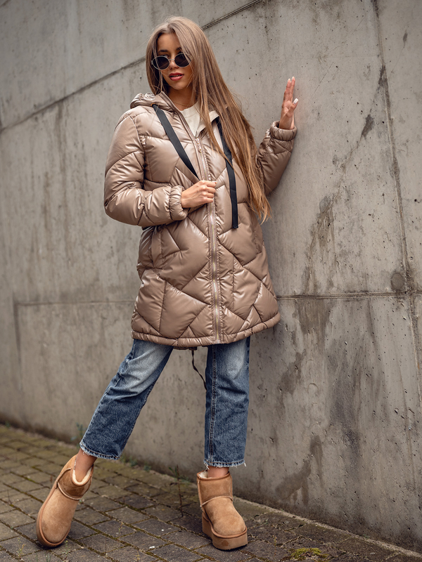 Dam Lång Quiltad Vinterjacka med huva Kamel Bolf 5M3189