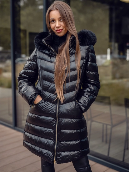 Dam Lång Quiltad Vinterjacka med huva Svart Bolf 5M3162