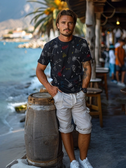 Herr Bomulls T-shirt med tryck Svart Bolf 1150A2