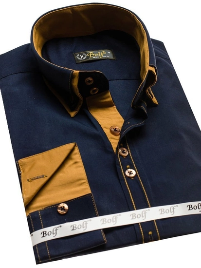 Herr Elegant Långärmad Skjorta Marinblå Bolf 3703