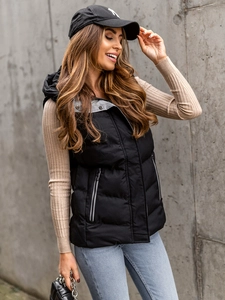 Dam Lång Quiltad Väst med huva Svart Bolf 7051A