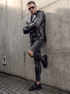 Herr Skinnjacka Bikermodell med huva Svart Bolf 11Z8005