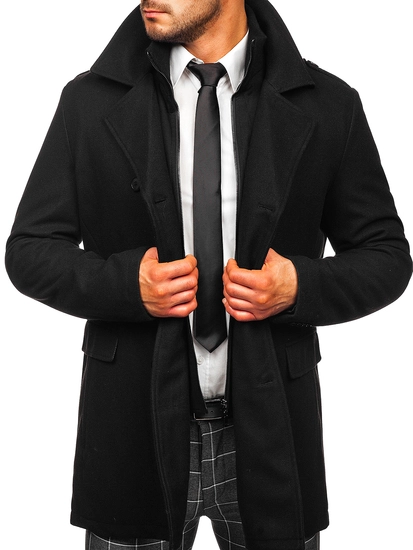 Herr Dubbelbröstad Vinterrock med avtagbar ståkrage Svart Bolf 8805