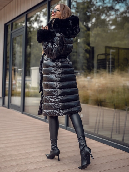 Dam Lång Quiltad Vinterjacka med huva Svart Bolf 5M3160