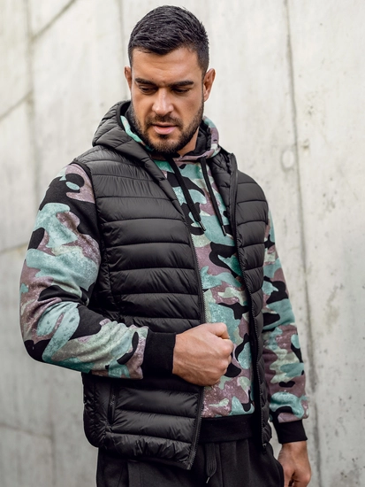 Herr Quiltad Väst med huva Svart Bolf 13072A