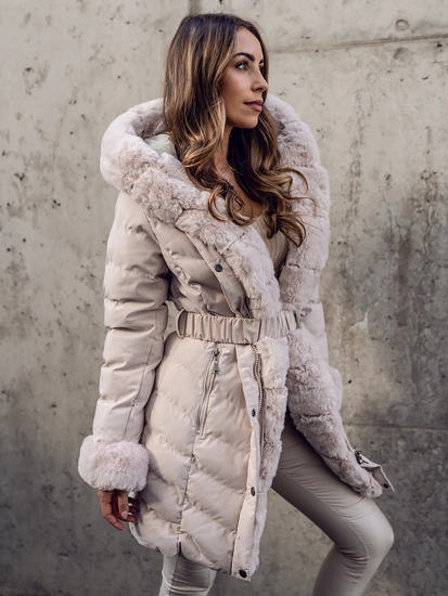 Dam Lång Quiltad Vinteracka med huva Beige Bolf 5M3156A