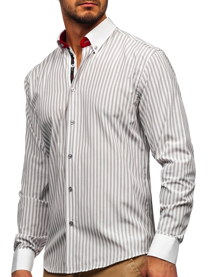 Herr Randig Långärmad Skjorta Grå Bolf 20727