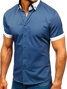 Herr Randig Kortärmad Skjorta Marinblå Bolf 1808