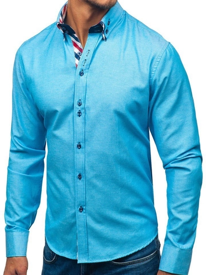 Herr Elegant Långärmad Skjorta Turkos Bolf 2759
