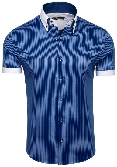 Herr Randig Kortärmad Skjorta Marinblå Bolf 1808