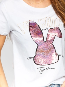 Dam T-shirt med tryck och med paljetter Vit Bolf DT059