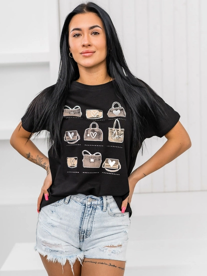 Dam T-shirt med tryck Svart Bolf 95T2531