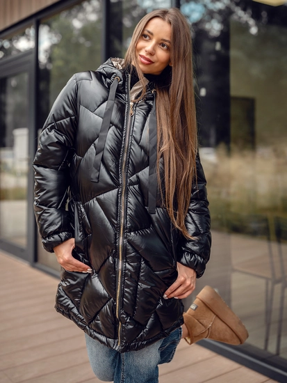 Dam Lång Quiltad Vinterjacka med huva Svart Bolf 5M3189