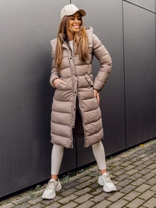 Dam Lång Quiltad Vinterjacka med huva Brun Bolf M689