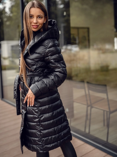 Dam Lång Quiltad Vinterjacka med huva Svart Bolf 5M3159