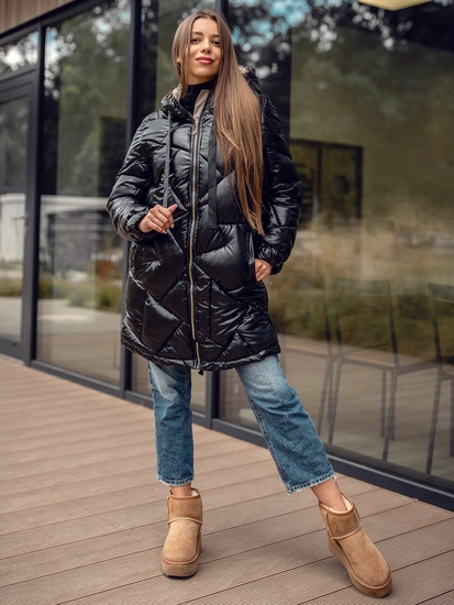 Dam Lång Quiltad Vinterjacka med huva Svart Bolf 5M3189